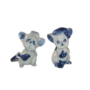 Vintage Blue White Ceramic Mouse Figurines Miniatures Collectible Set Of 2